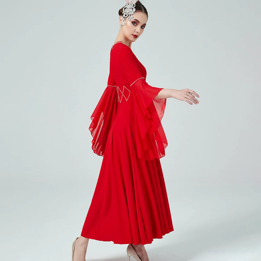 

Clothing Women's 2025 Mesh Evening Dress V-Neck Waltz Competition Clothing Lotus Sleeve Ballroom Dance Dress Standard Black