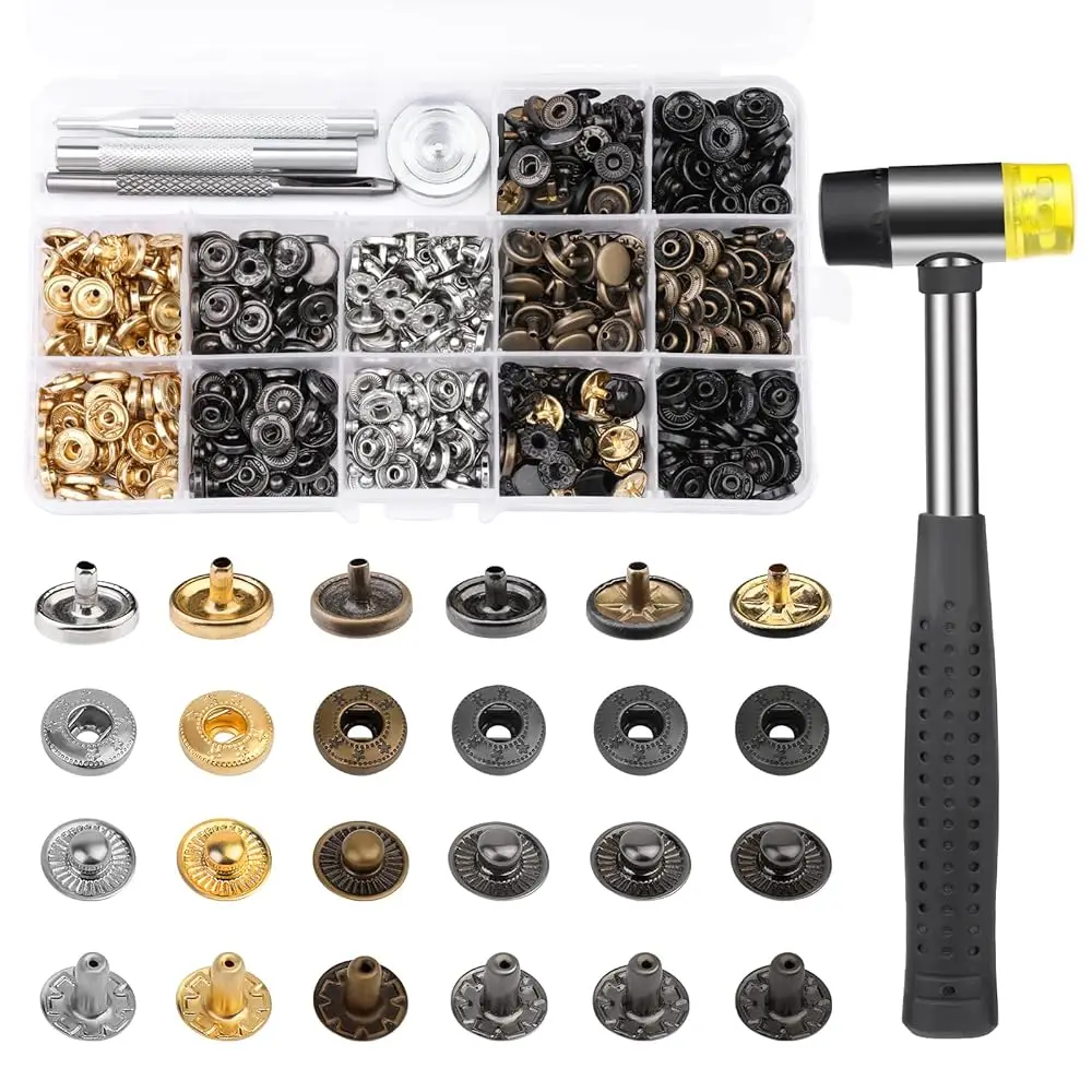 

120 Sets Snap Fasteners Kit, 10mm Snap Buttons with Rubber Hammer, 6 Color Metal Snap Buttons Press Studs with 4 Setting Too