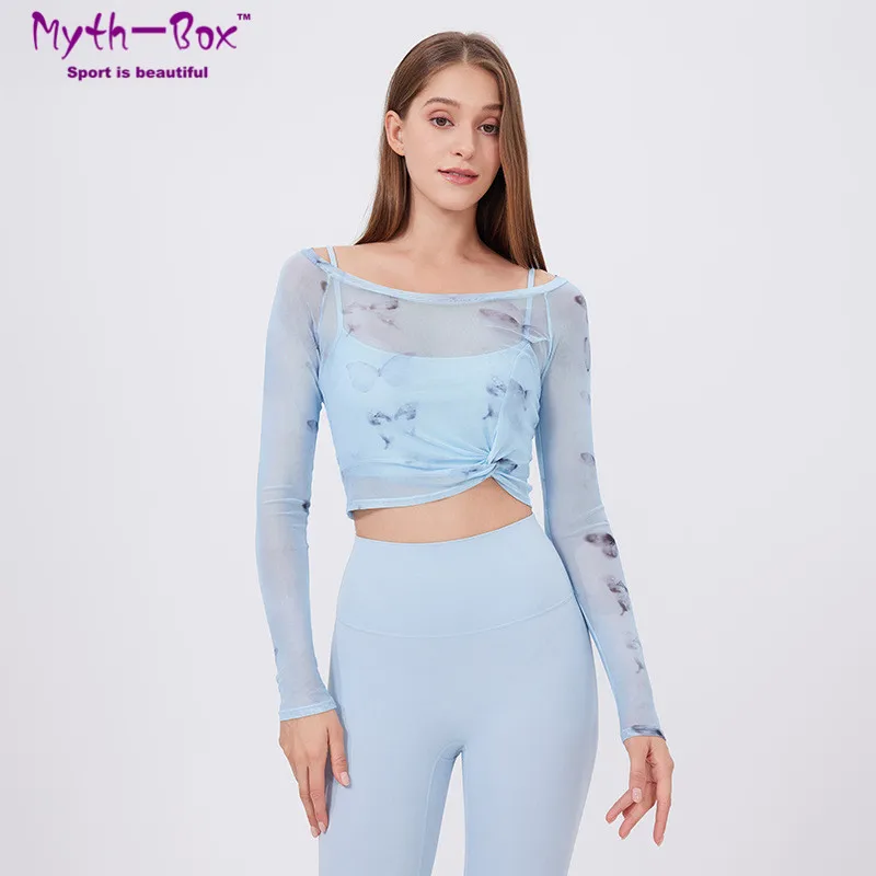 Women Padded Yoga Sports Shirts Fake Two-Piece Undershirts Thin Mesh Long Sleeves Running Sweatshirts Slim Gym Fitness Tops Bra