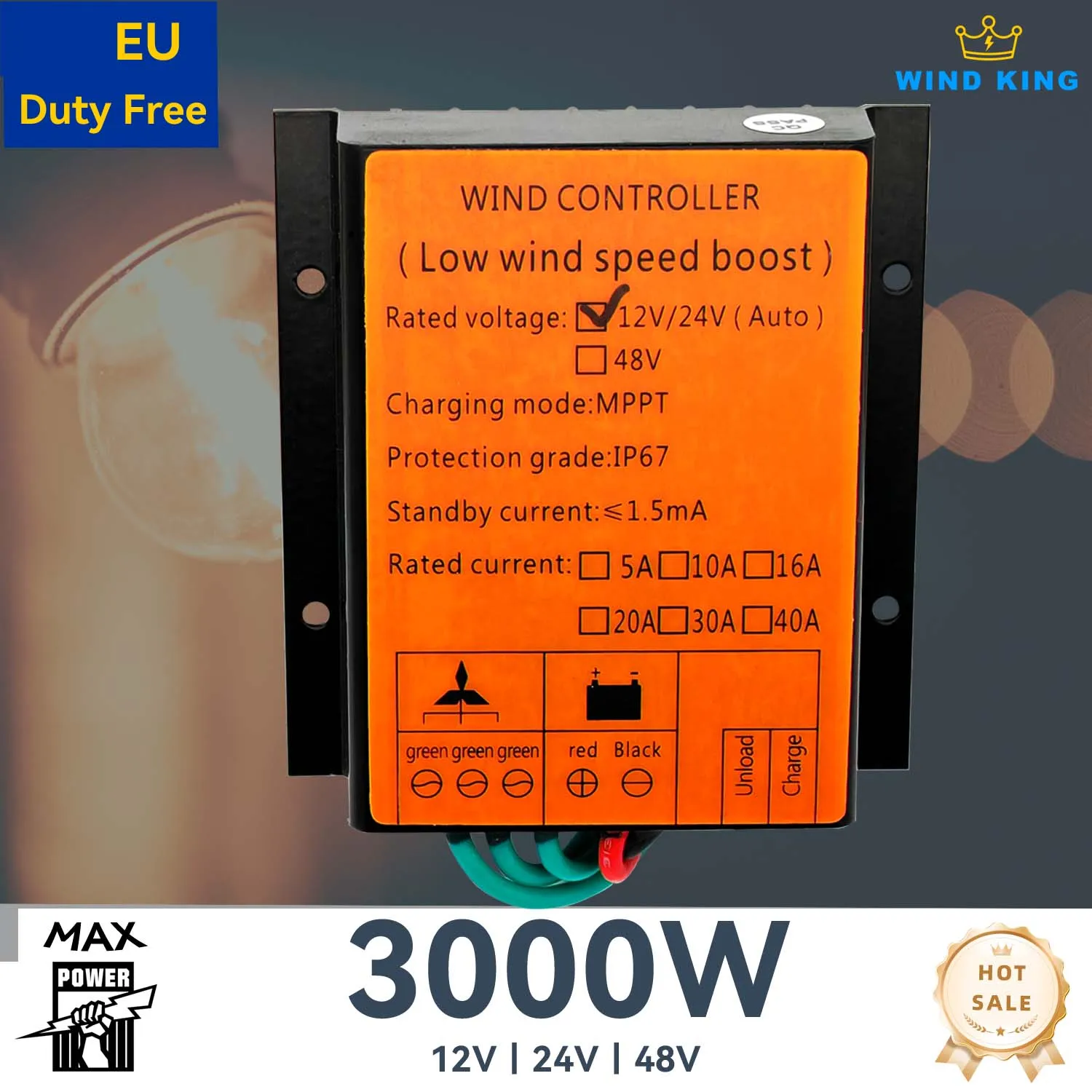 Windking 3000W MAX High Efficiency MPPT Wind Turbine Charge Controller, 12/24V 24/48v AUTO Switch, Maximum Power input 3000W MAX