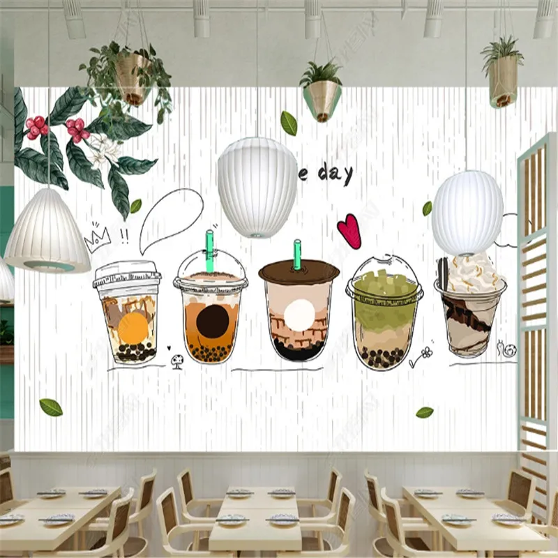 

Minimalist Hand-painted Gourmet Bubble Tea Shop Industrial Decoration Wallpaper Mural Background Wall Paper Papel De Parede 3d