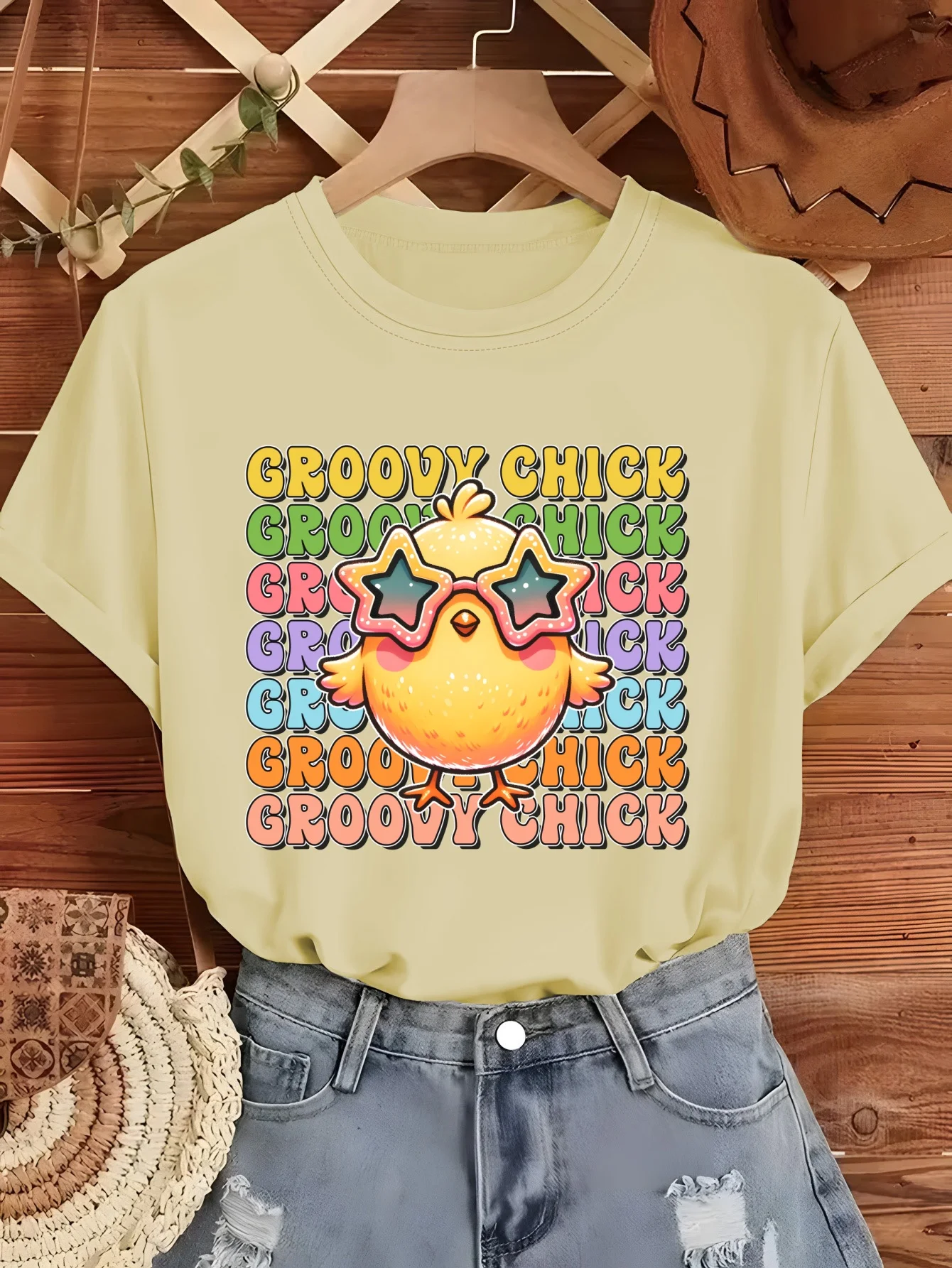 【 Popular Easter 】 Groovy Chi Printed T-shirt Star Sunglasses Spread Wings Chicken Pattern Summer Party Dressing Trendy Top