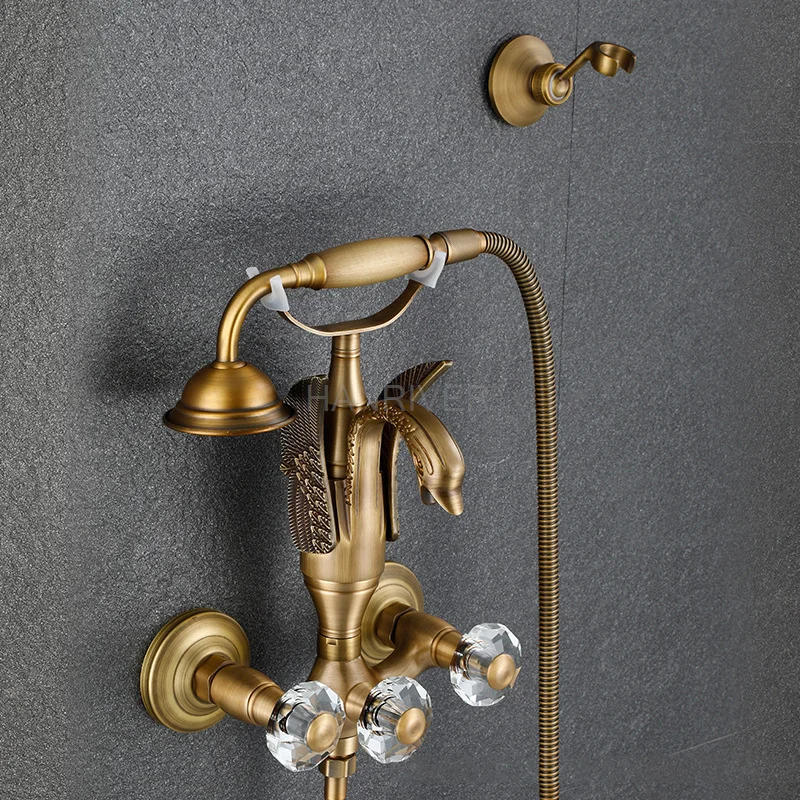 Gold Rain Shower Faucets with Hand Brass Wall Mounted Shower Mixer Cold and Hot Bathroom Bath Luxury Rainfall Shower Set