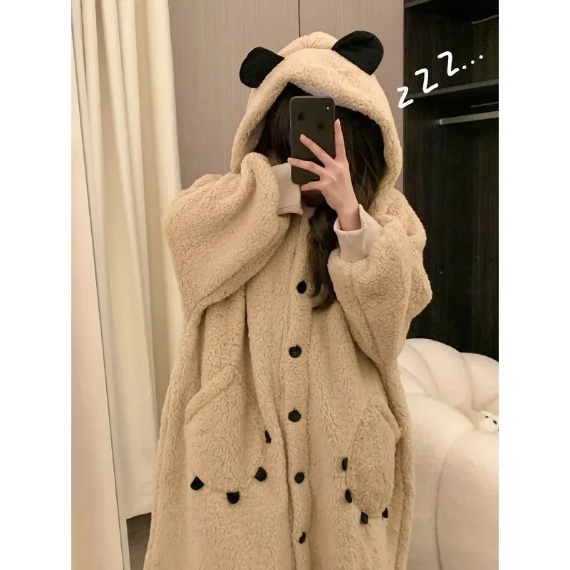 Night Gown Wintertime Warm and Cozy Soft Cute Teddy Bear Hooded Coral Fleece Pajamas Female New Style Thickening Type Loungewear