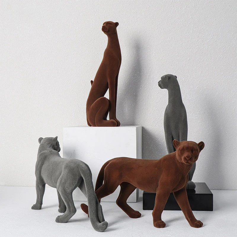 Flocked Panther Statue Resin Leopard Sculpture Luxury Home Decor Animal Figurine Living Room TV Cabinet Office Tabletop Ornament