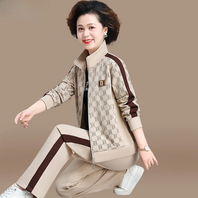 

Spring Sportswear Tee-Piece Set for Middle-Aged Women Running Jaet Loose Fit Long Pants Zipper Closure Color