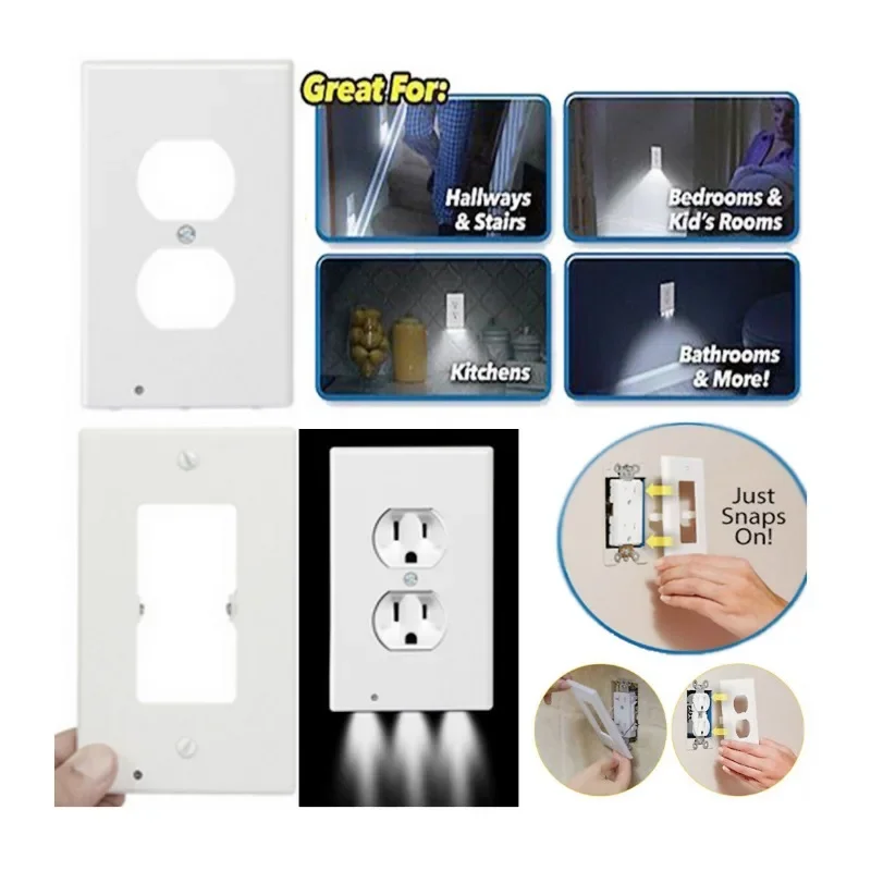 Placa de parede moderna receptáculo elétrico plug-in com luzes noturnas LED, tomada elétrica duplex, sensor de ligar e desligar automático