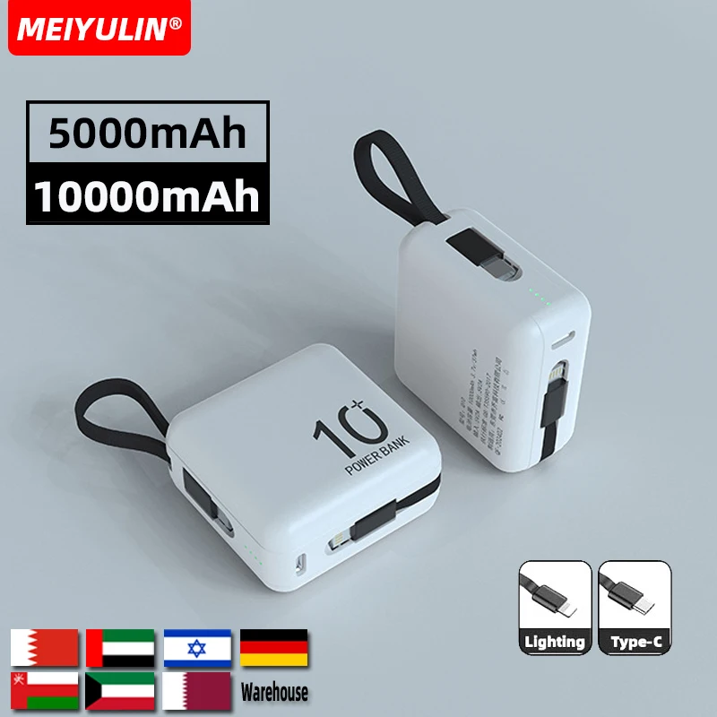 10000mAh Power Bank Large Capacity External Battery Portable Type-C Cable 5000mAh Mobile Powerbank For iPhone 16 Samsung Xiaomi