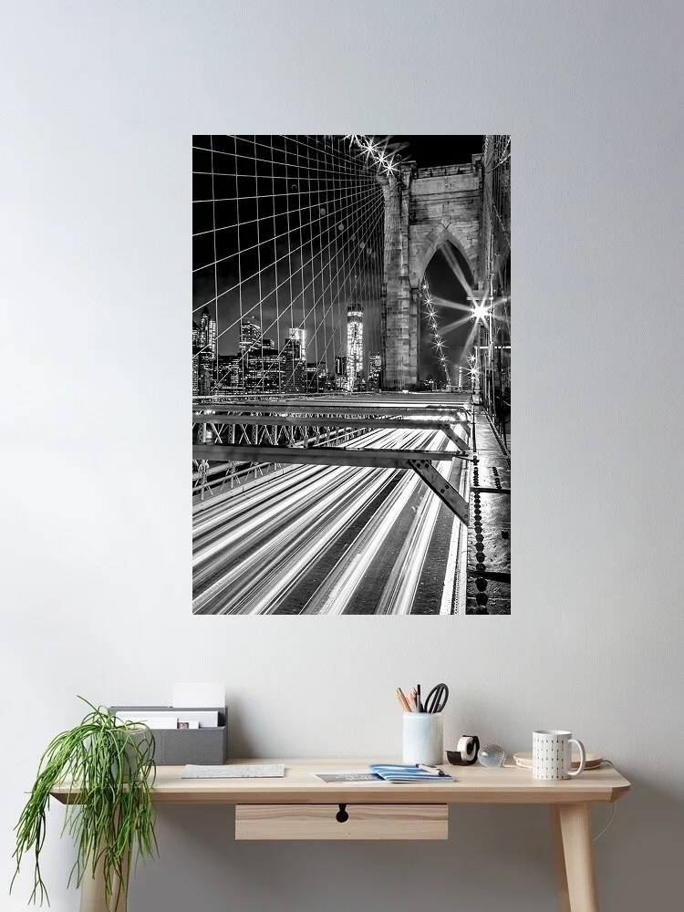 Laminated Brooklyn Bridge New York City Skyline Night Black White Art Print Canvas Poster, Living Room Decor, Home Wall Picture