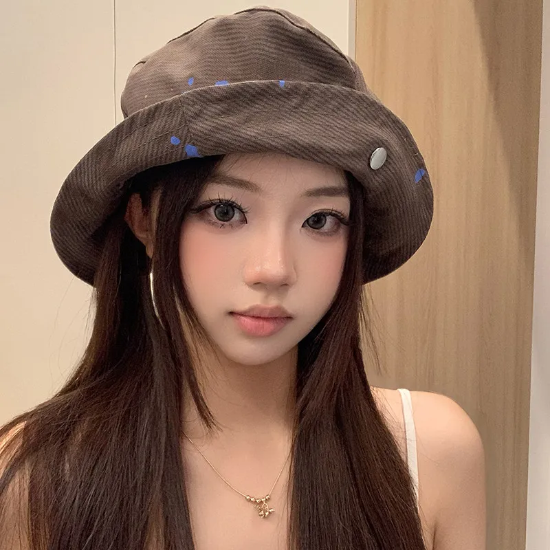 Graffiti Flip Eave Fisherman Hat Korean Style Spring Autumn Versatile Face Enhancing Small Beret Big Head Size