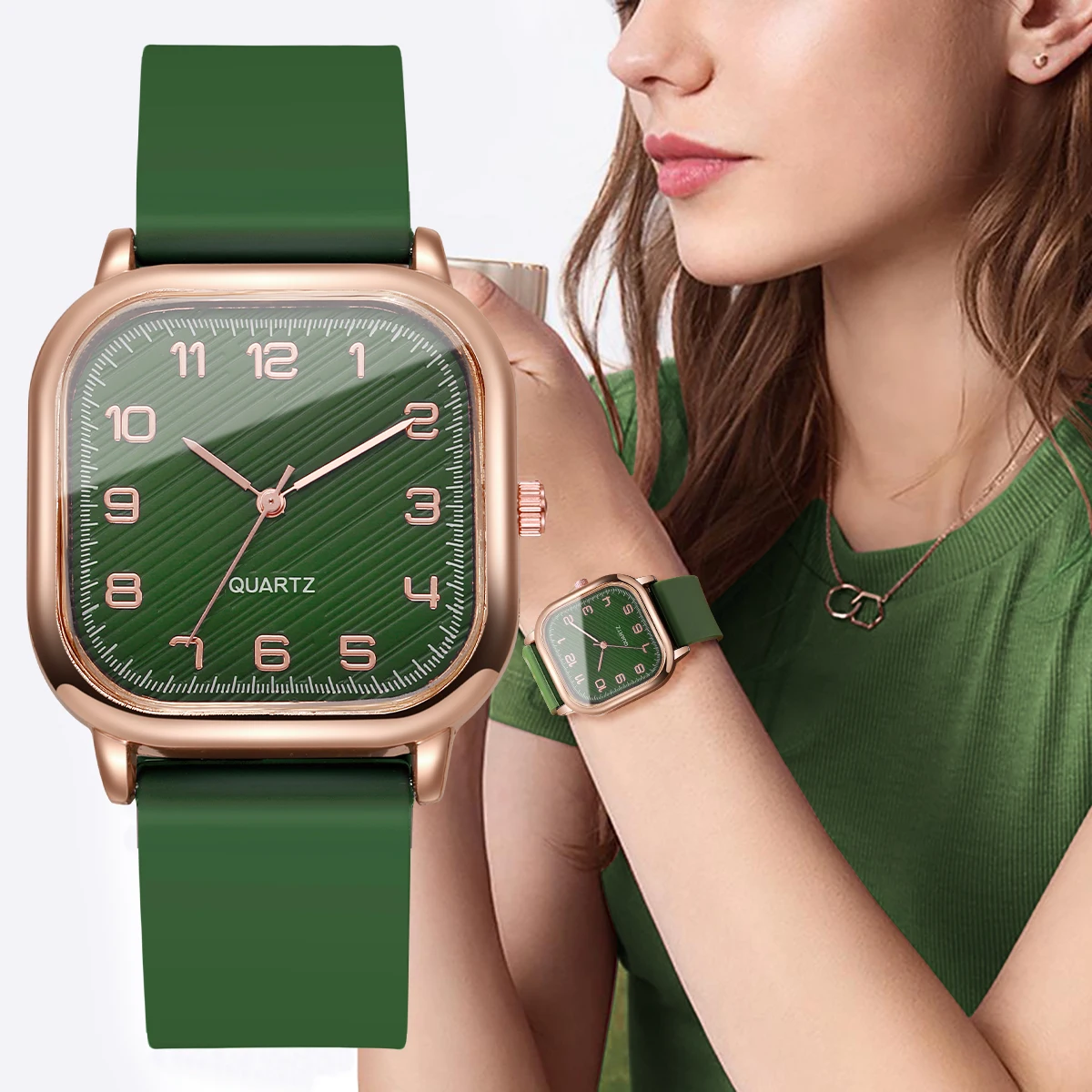 Fashion Square Women Watch Green Silicone Strap Casual Quartz Wristwatches Ladies Clock Relogio Feminino（Without Box）