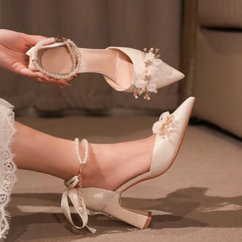 

Women Sandals All-Match High Comfort Wedding Shoes Women Pointed Heel Sandals Retro Woman Shoes Riband Shallow Mouth High Heels