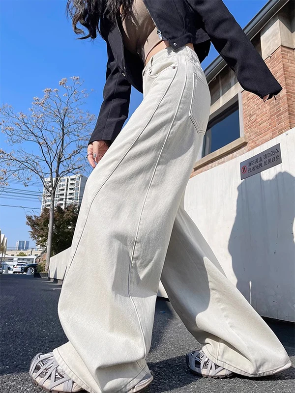 

Женские джинсы с высокой талией и широкими штанинами, бежевые, весенние, новые, свободные, струящиеся, прямые, в пол, повседневные брюки