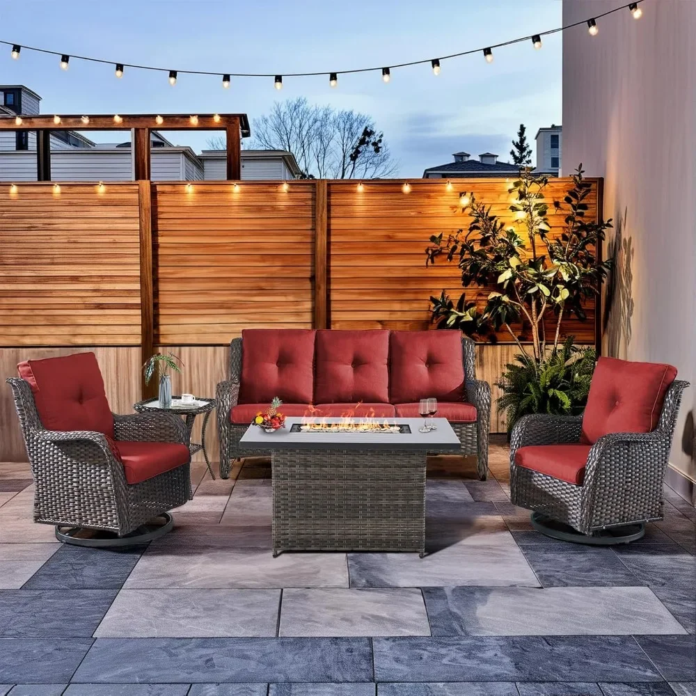 

Patio Furniture Set with Fire Pit Table 5-Piece Wicker Outdoor Swivel Rocker Patio Chairs High Back Outdoor Couch Convers