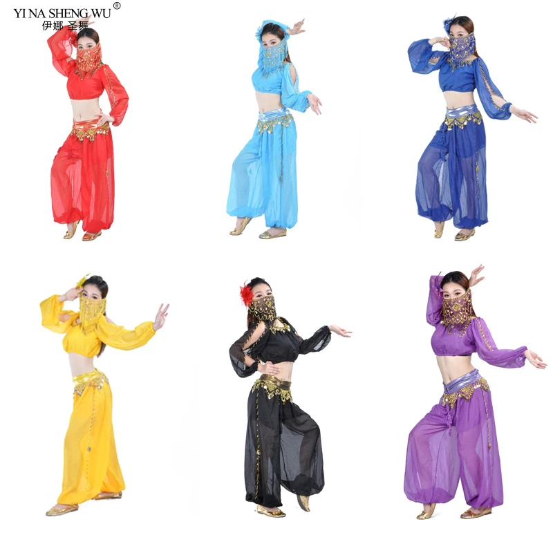 

Women Sexy Bollywood Belly Dance Costume Set Indian Sari Bellydance Pants Suit Chiffon Veil Bellydance Performance Bloom Suit