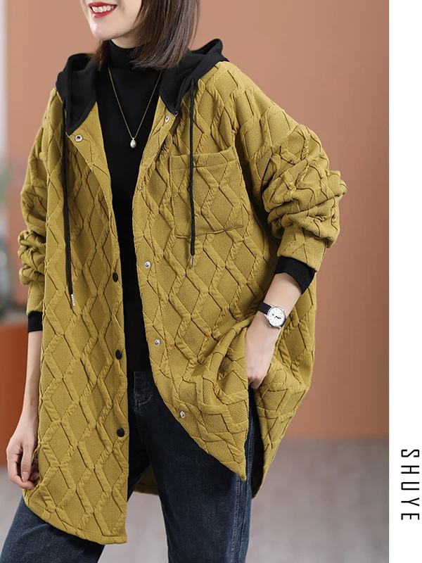 

Повседневный женский кардиган средней длины с капюшоном и ромбовидным узором, больших размеров, художественный дизайн, для повседневной носки, хлопок со спандексом