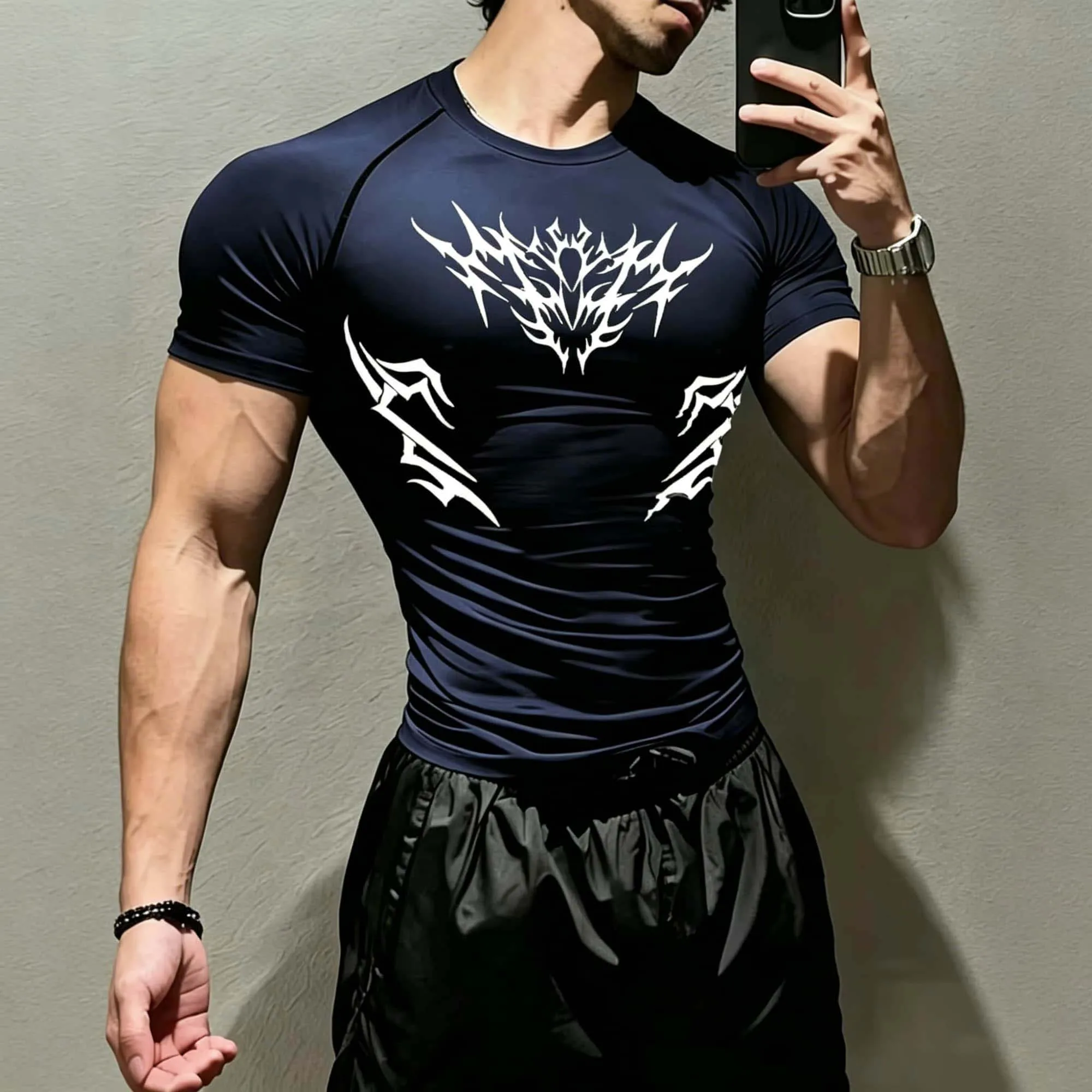 Neu eingetroffen: Tribal Sharp Thorn Totem Kompressions-Tops für Herren – Atmungsaktives, elastisches Kurzarm-Shirt für Outdoor, Radfahren, Jogging und Fitness – Detail 3
