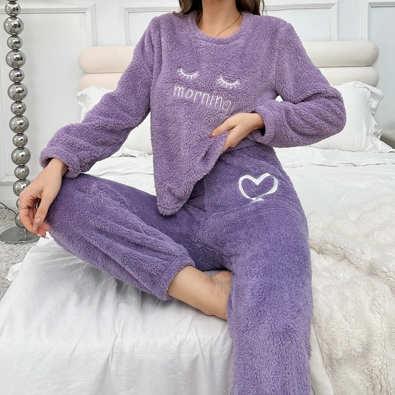 Violet flanelle femmes Pyjamas ensembles automne hiver manches longues pantalons longs décontracté vêtements de nuit doux Pijamas confortables Pyjamas Pjs confortable Pj