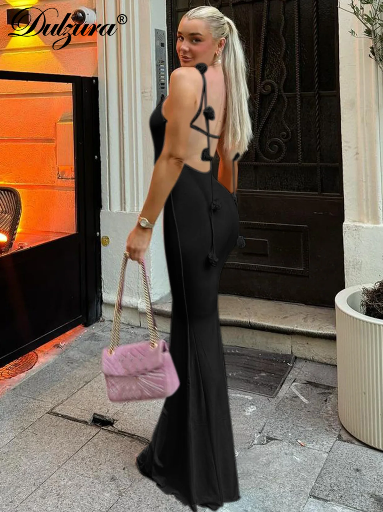 Dulzura Damska Sukienka Maxi na Ramiączkach Bez Rękawów z Odkrytymi Plecami, Obcisła, w Kwiaty, Seksowna, Elegancka, Długa Sukienka na Imprezę, do Klubu, na Ulicę, Letni Strój