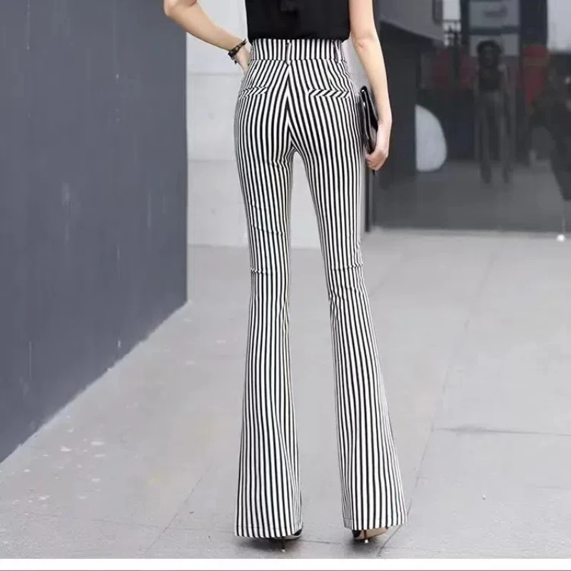 Korean Fashion Summer Suit Pants New Women Striped Pockets Zipper High Waist Split Temperament Chic Slim Straight Flare Trousers