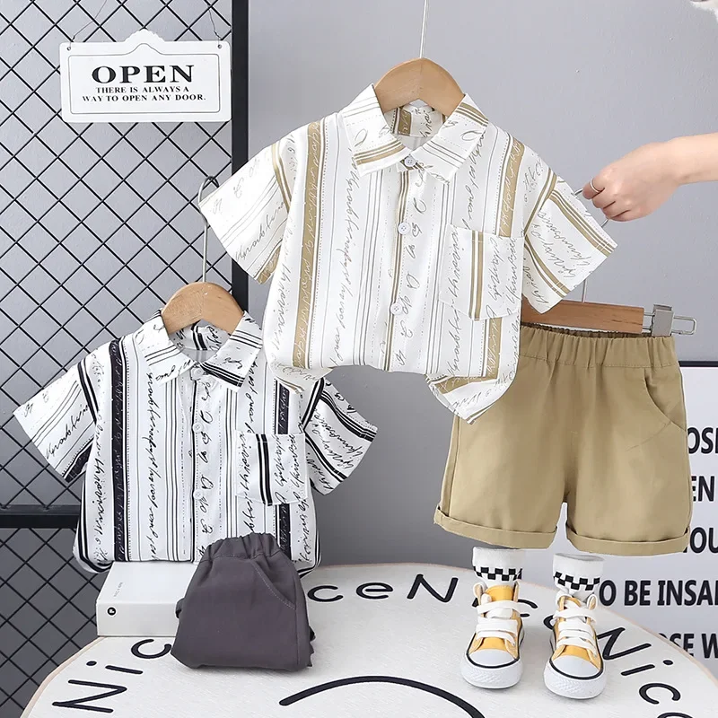 

Western Baby 1st Birthday Boy Outfit 2025 Korea Summer Vertical Striped Letter Short Sleeve Shirts Tops and Shorts Boys Suit Set