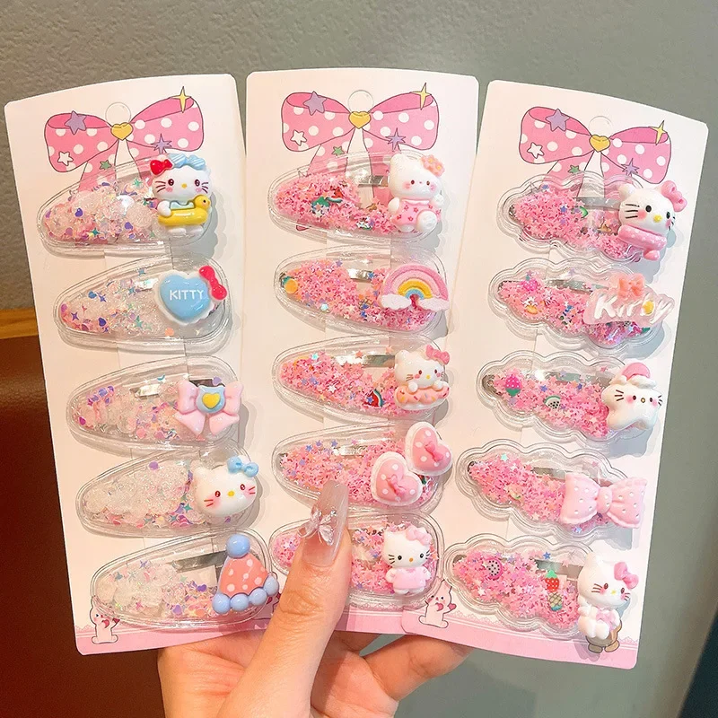 

5Pcs Kawaii Hello Kitty Girls Hairpin Cute Sweet Cartoon Babies Hair Clip Princess quicksand Babies Clips Girl Accessories Gifts