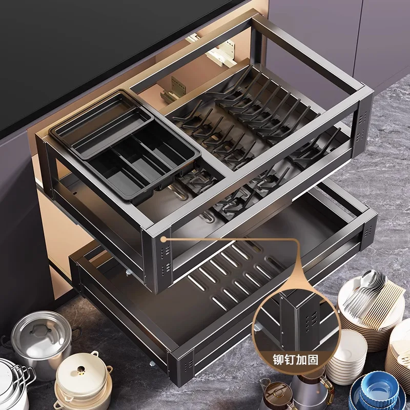 

Basket Kitchen Cabinet 304 Stainless Steel Dishes Cupboard Double-layer Kitchen Cabinet Bowl Rack Drawer Seasoning Bowl