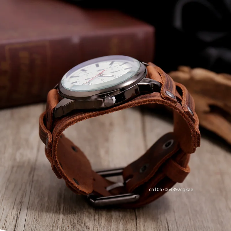 Vintage Brown Watches Men Genuine Leather Pointer Belt Strap Punk Watch Wide Cowhide Bracelet & Bangles for Women Male Jewelry