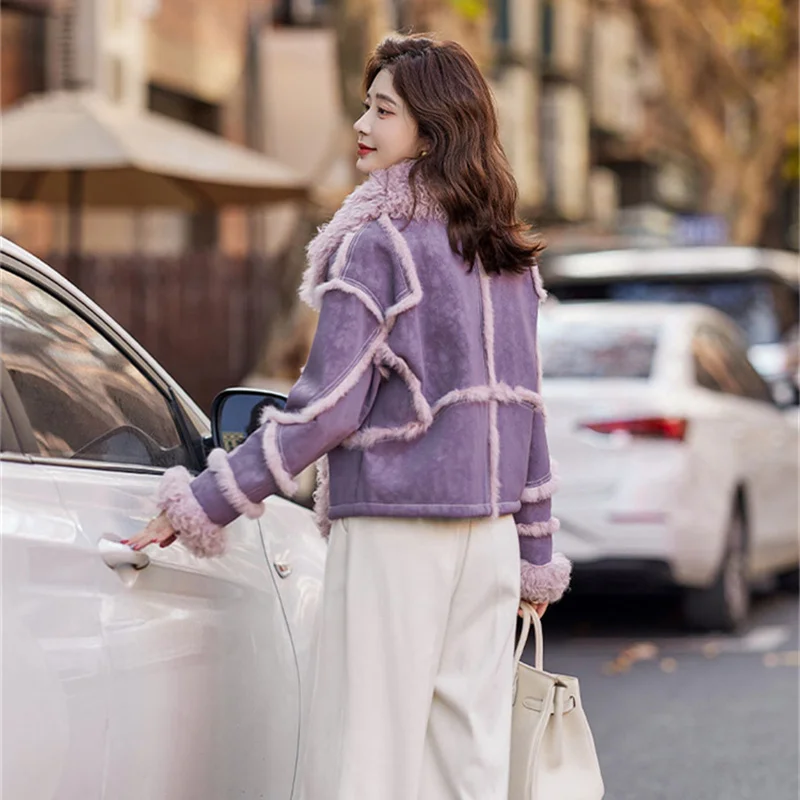 2026 Double-faced Suede Rabbit Fur Coat Women's Wool-neck Short Jacket Autumn Winter Spliced Zip-up Loose Streetwear Outerwear