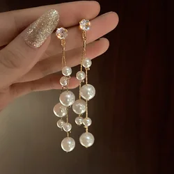 Imiation Pearl Long Tassel Dangle Earrings for Women Wedding Party Statement Jewelry Golden Rhinstones Trendy Drop Earrings
