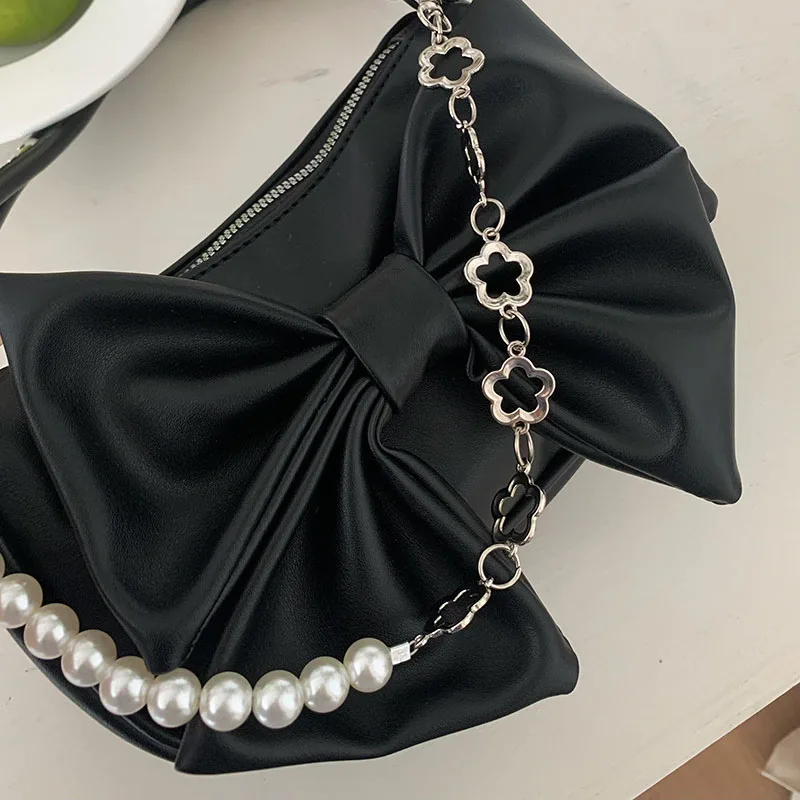 Pearl Shoulder Bags for Women Elegant Temper Underarm Chain Bag Ins Designer Korean Texture PU Leather Bow Handbag Female Chic