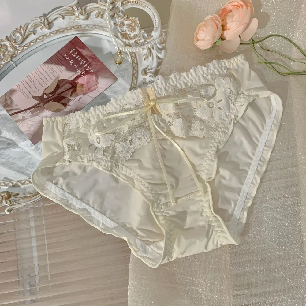Summer Low Waist Mesh Lace Panties Ruffle Lingerie Underwear for Women French Style Sweet Lace Bow Briefs Lady