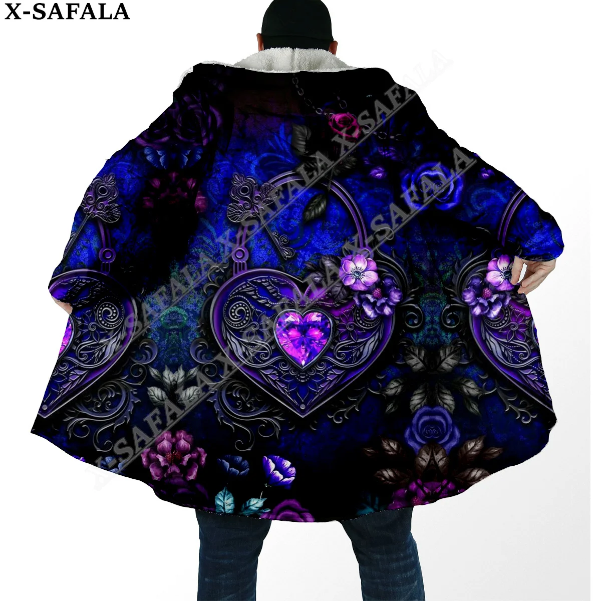 Dark Rose Butterfly Trippy 3D Print Dream Cloak Thick Warm Hooded Men Overcoat Coat Windproof Fleece Cape Robe Blanket-1