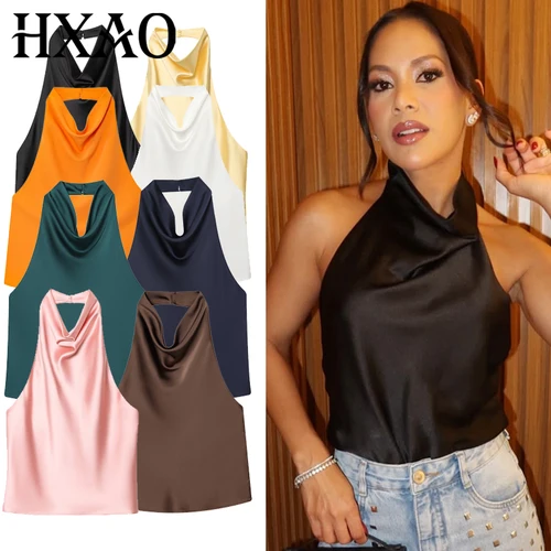 Imagen 1 del producto HXAO 2025 Top Halter de satén para mujer, camisetas sin mangas y camisetas sin mangas negras y amarillas con hombros descubiertos, camiseta sin mangas a la moda, chalecos sin espalda