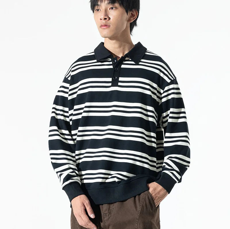 Men's Loose Casual Large Size Spring Autumn Sports Stripe Long Sleeve Pullover Sweatshirt Top Cityboy Oversize Polo Hoodie Coat