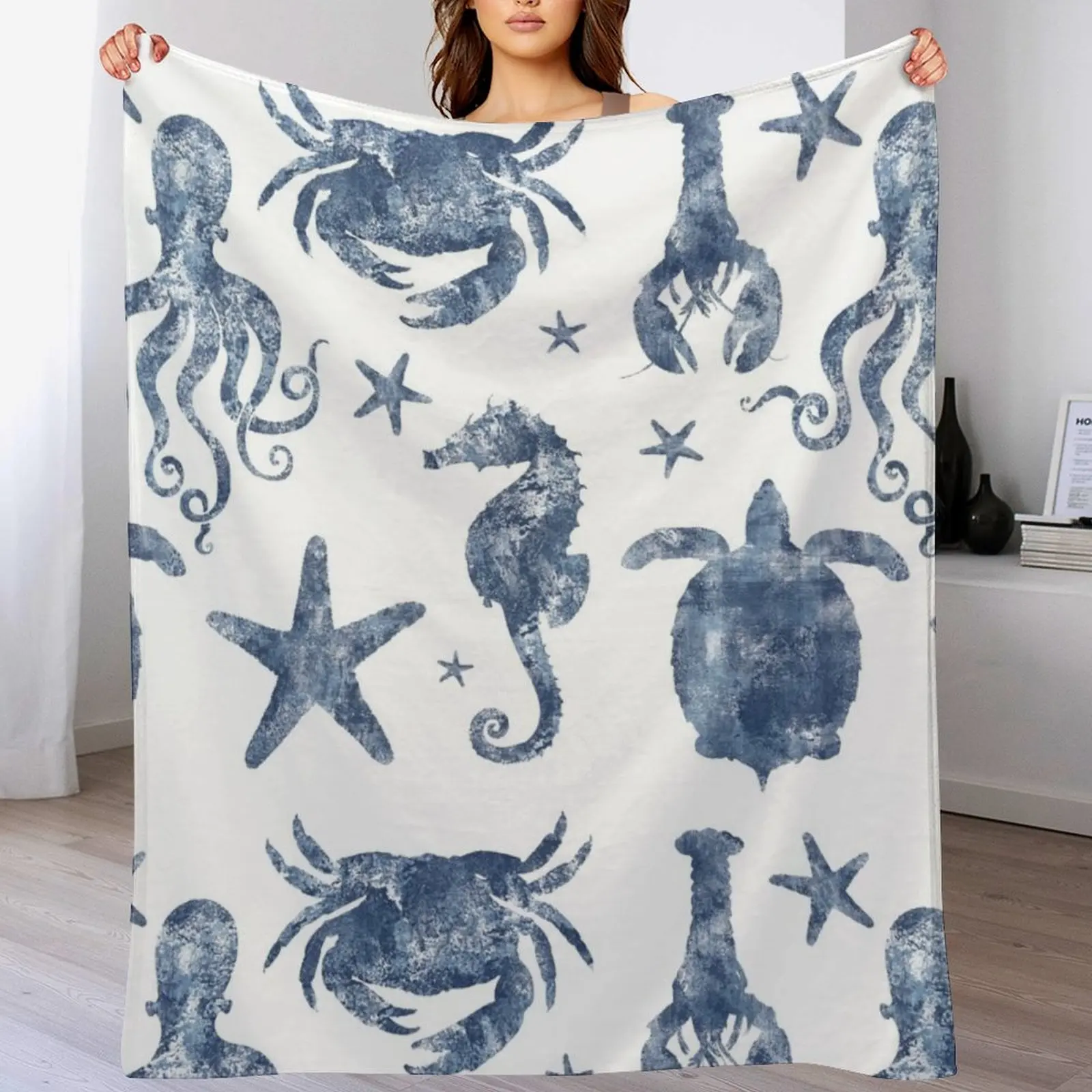 

Nautical Marine Life, sea star, seahorse, turtle, octopus, coastal beach Throw Blanket Softest Bed covers Loose Blankets