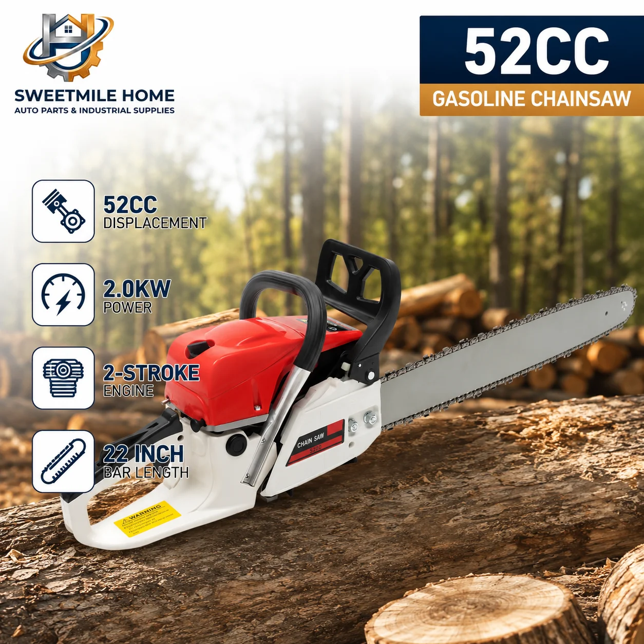 

52cc Gasoline Chainsaw 22 Inch Gas Powered Chain Saw 2.0KW 2-Stroke Single Cylinder Wood Cutting Tool