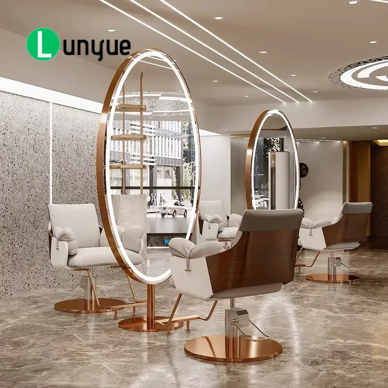 Modern Large Full Size Yellow Gold LED Aluminum Glass Mirror Styling Design For Haircut Furniture Shopping Malls