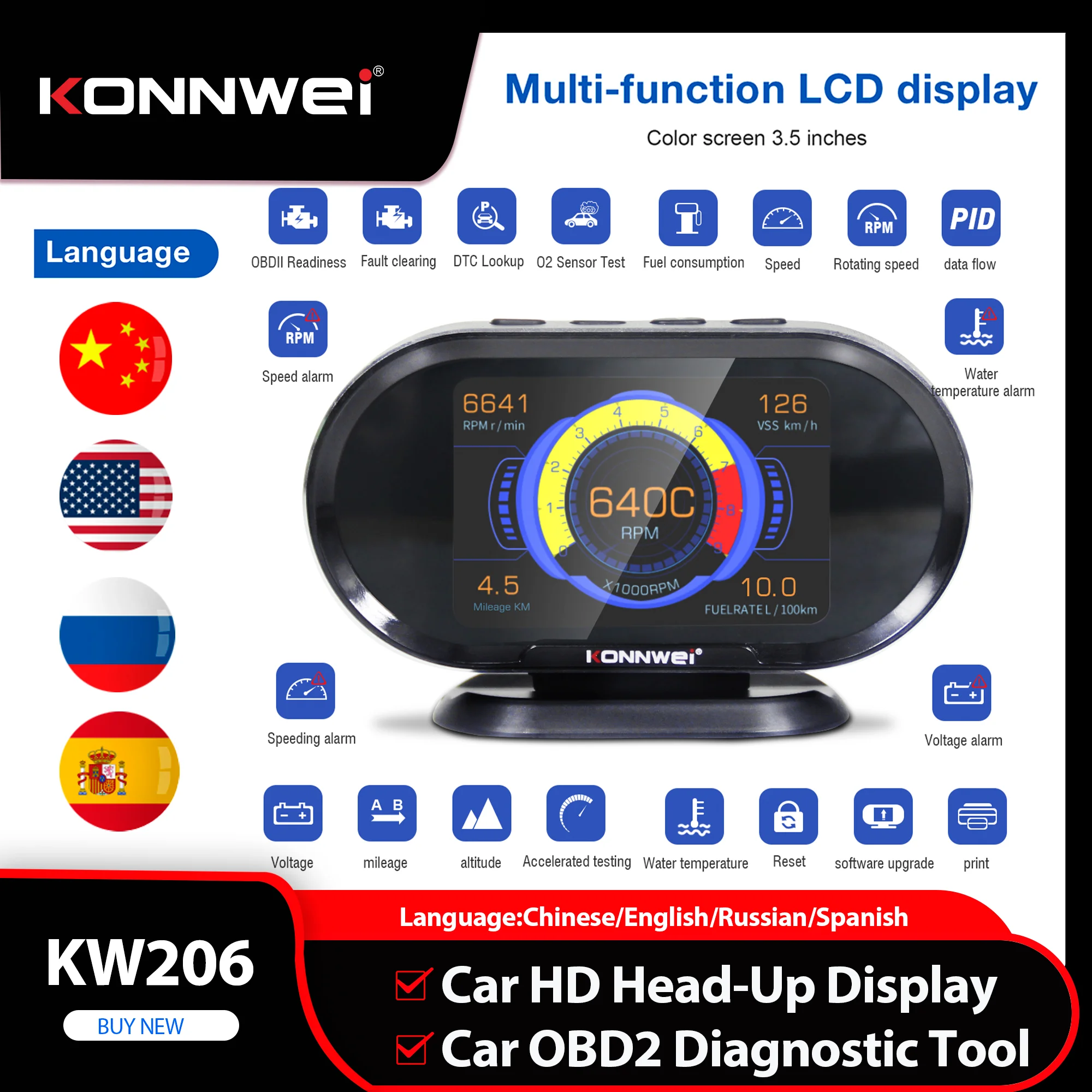 

2026 KONNWEI KW206 Car OBD2 Diagnostic Tool HUD 2in1 Fault code clearing DTC Lookup Mileage Auto Tools On-Board Computer Display