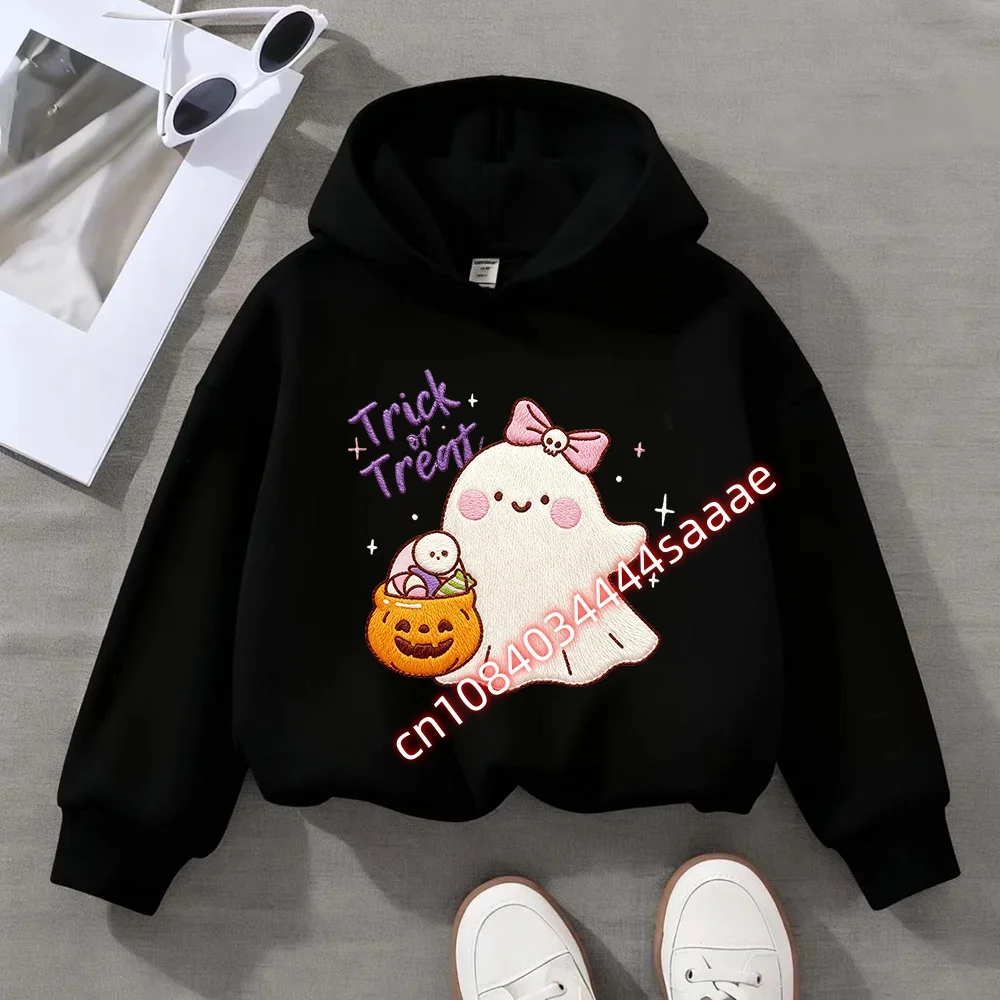 Kids Halloween Hoodie Cute Ghost Pumpkin Trick or Treat Embroidered Sweatshirt for Boys Girls Toddler Casual Pullover Top