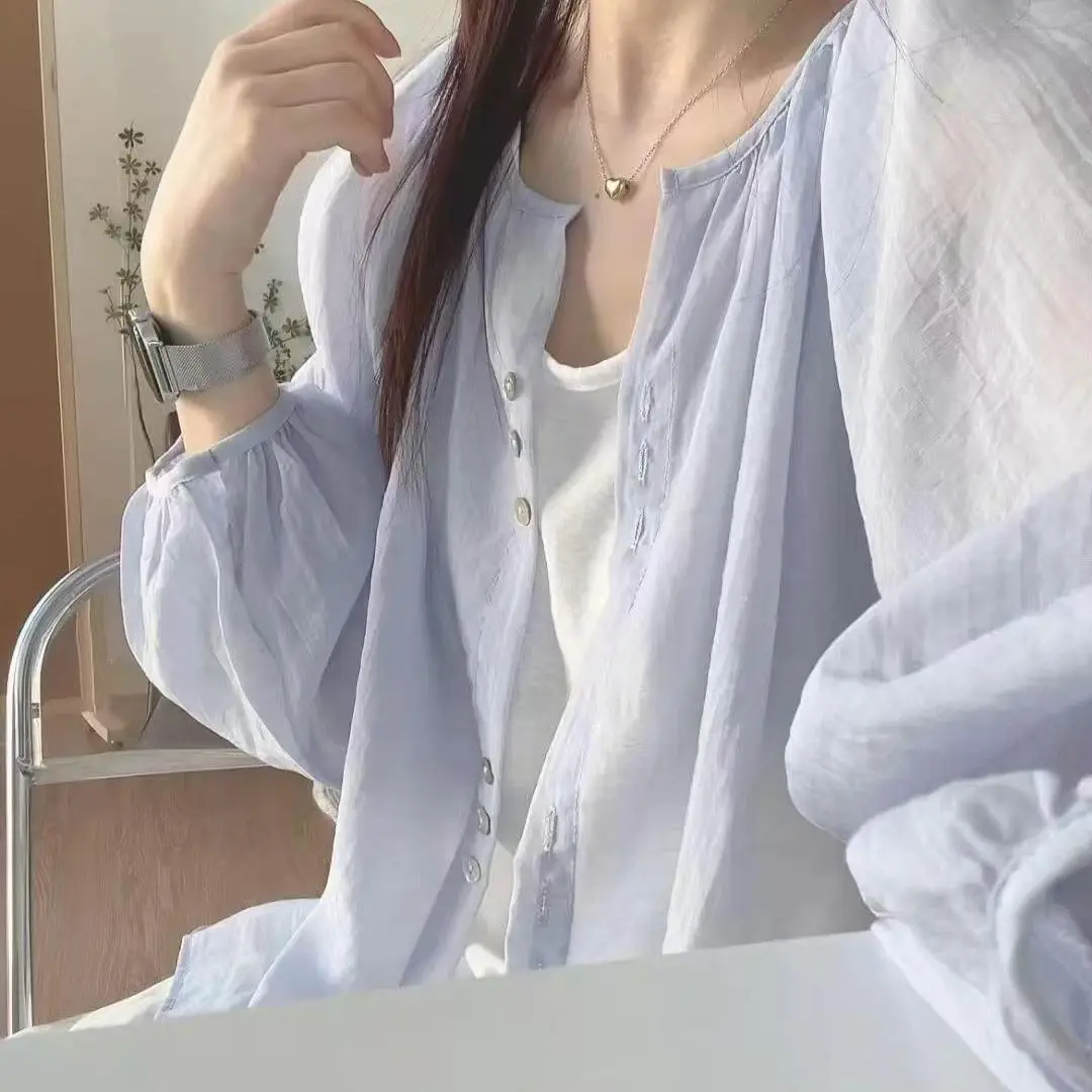 

Loose Women's Chiffon Shirt Korean Style Oversized Layering Slimming Sun Protection Outerwear Cardigan Blue Color round Neck ...