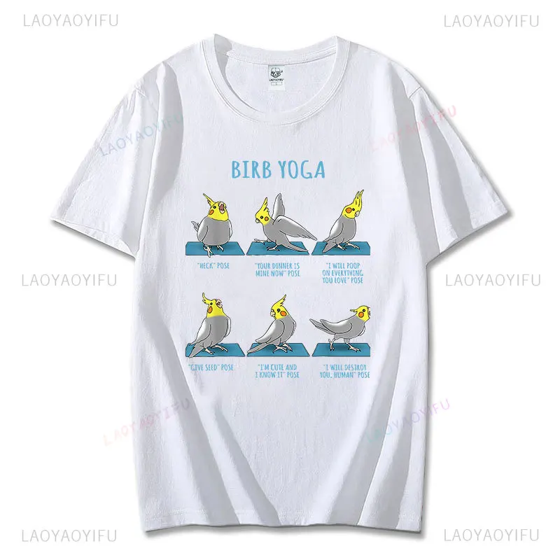 Kawaii Clothes Cockatiel Yoga Poses T-shirt Birb Memes Cute Parrot Graphic Tshirts Summer Cartoon Camisa Cool Cotton Short-sleev image 2