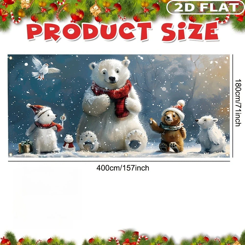 1count Christmas Polar Bear And Friends Garage Door Banner, Large 157x71 Inch Polyester Festive Decoration, Xmas Decoration