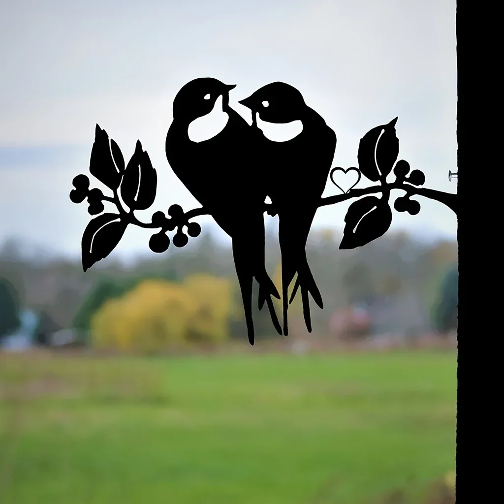 HelloYoung Two Cute Birds On Branch Steel Silhouette Metal Wall Art Home Garden Yard Patio Statue Stake Decoration Perfect