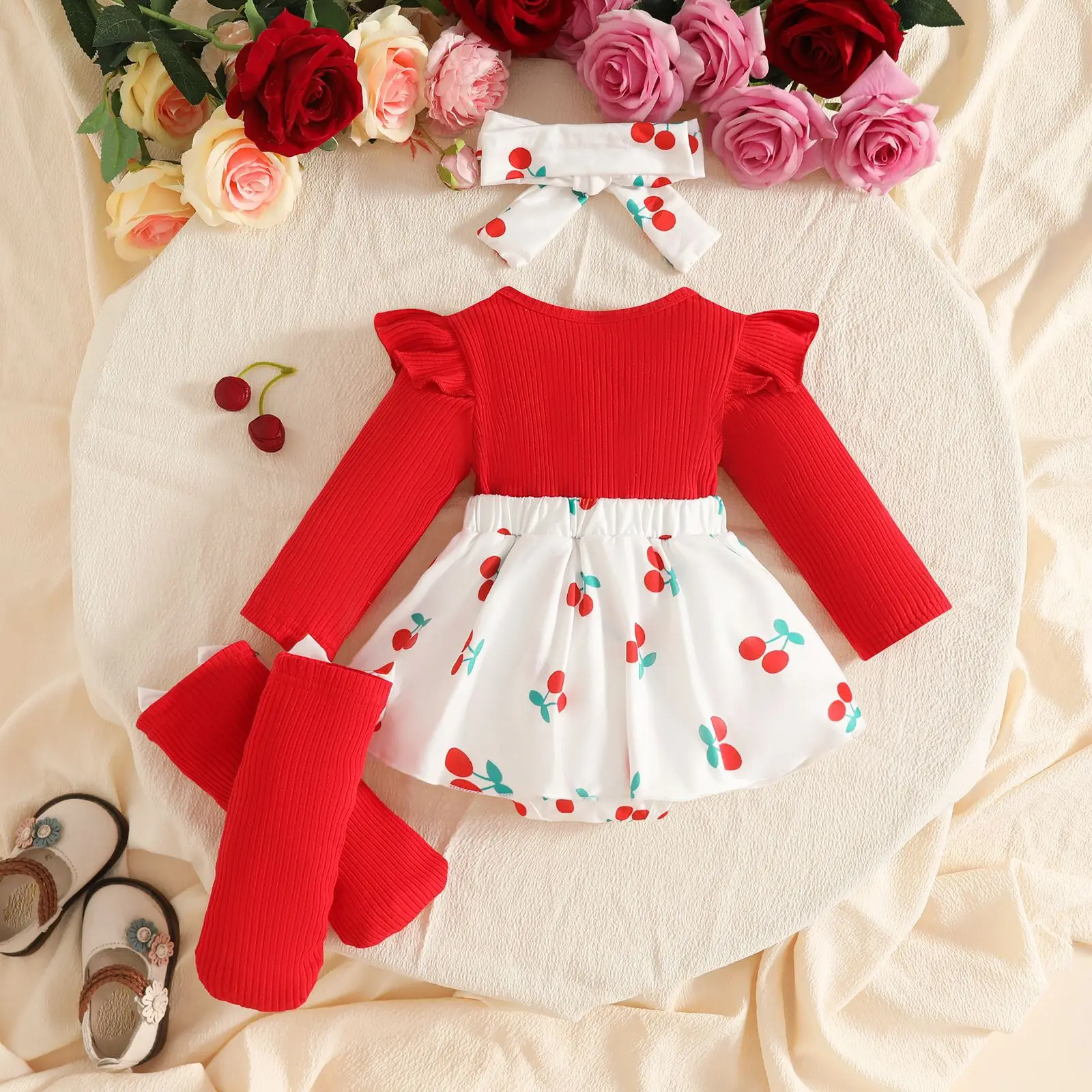 Newborn Baby Cherry Bodysuit Dress Ruffle Long Sleeve Sweet One Pieces + Socks+Bow Headband Infant Photoshoot Outfit