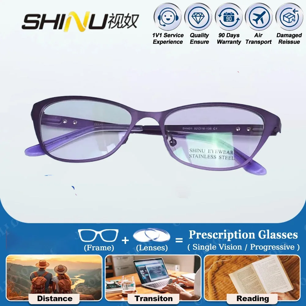 SHINU Prescription Glasses Women Cat Eye Metal Eyeglasses Shortsighted Glasses Ladies Color Lens Blue Light Glasses Mum Gifts