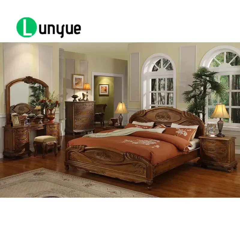 Solid Teak Sled Bed King Size Hand Carved Traditional Wooden Bed Frame Durable Natural Wood Bedroom Furniture