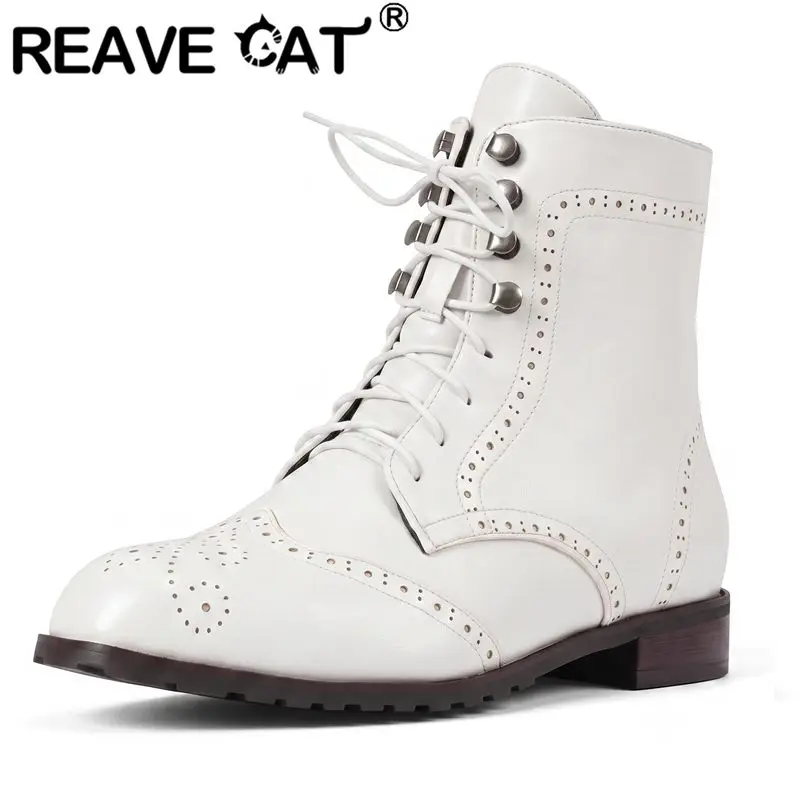 REAVE CAT Green Men's Ankle Boots Round Toe 3cm Low Heel Lace Up Large Size 47 48 49 50 Casual Retro Handmade Short Botas Shoes