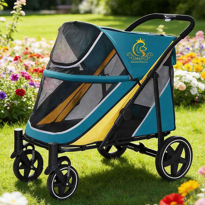 One Hand Foldable Pet Stroller PC400T  Ultra Low Chassis Dual Brake Wheels Washable Pad Dog Cat Travel Stroller