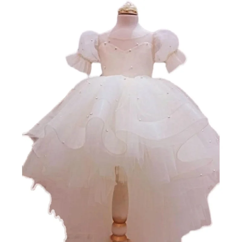 Pérola tule vestido da menina da flor de manga curta hight-baixo para o casamento vestido de baile de aniversário primeira comunhão sagrada vestidos